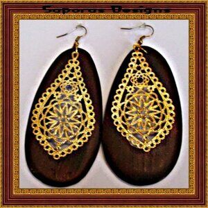 Handmade Antique Wood Dangle Earrings With Gold Tone Designs